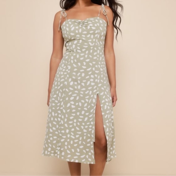 Party in Paris Sage Green Print Tie-Strap Summer Midi Dress - Picture 4 of 6